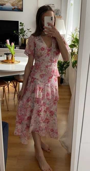 sukienka Orsay 34 XS biała różowa midi maxi kwiaty wesele kwiatki
