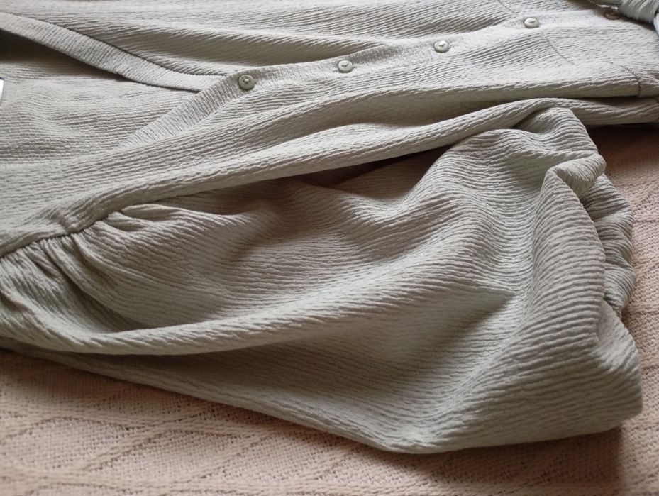 Szałwiowa miętowa sukienka na lato L tkanina strukturalna