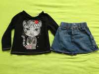 Spódniczka dżins, kurtka jeansowa, bluzka kot, koszula biała, r.98-104