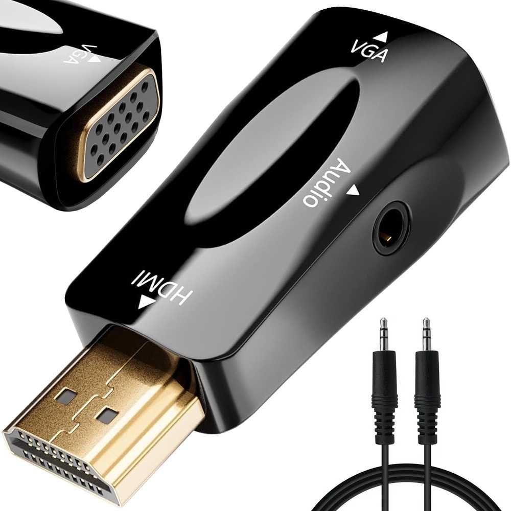 Konwerter adapter z HDMI na VGA D-SUB audio dźwięk mini jack czarny