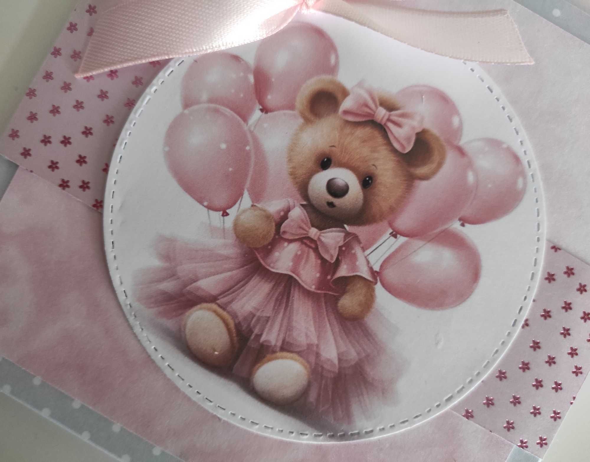 Kartka ręcznie robiona na urodziny, chrzest roczek z misiem