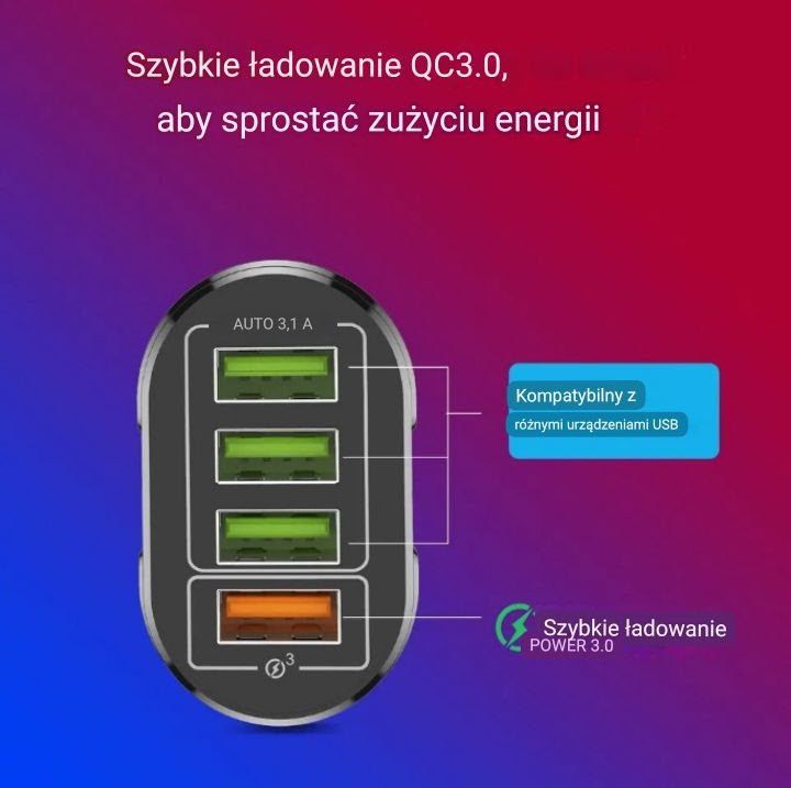 Szybka ładowarka 4 xUSB + obracany kabel magnetyczny