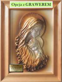 Matka Boska obraz w ramie z litego drewna - rękodzieło skóra GRAWER