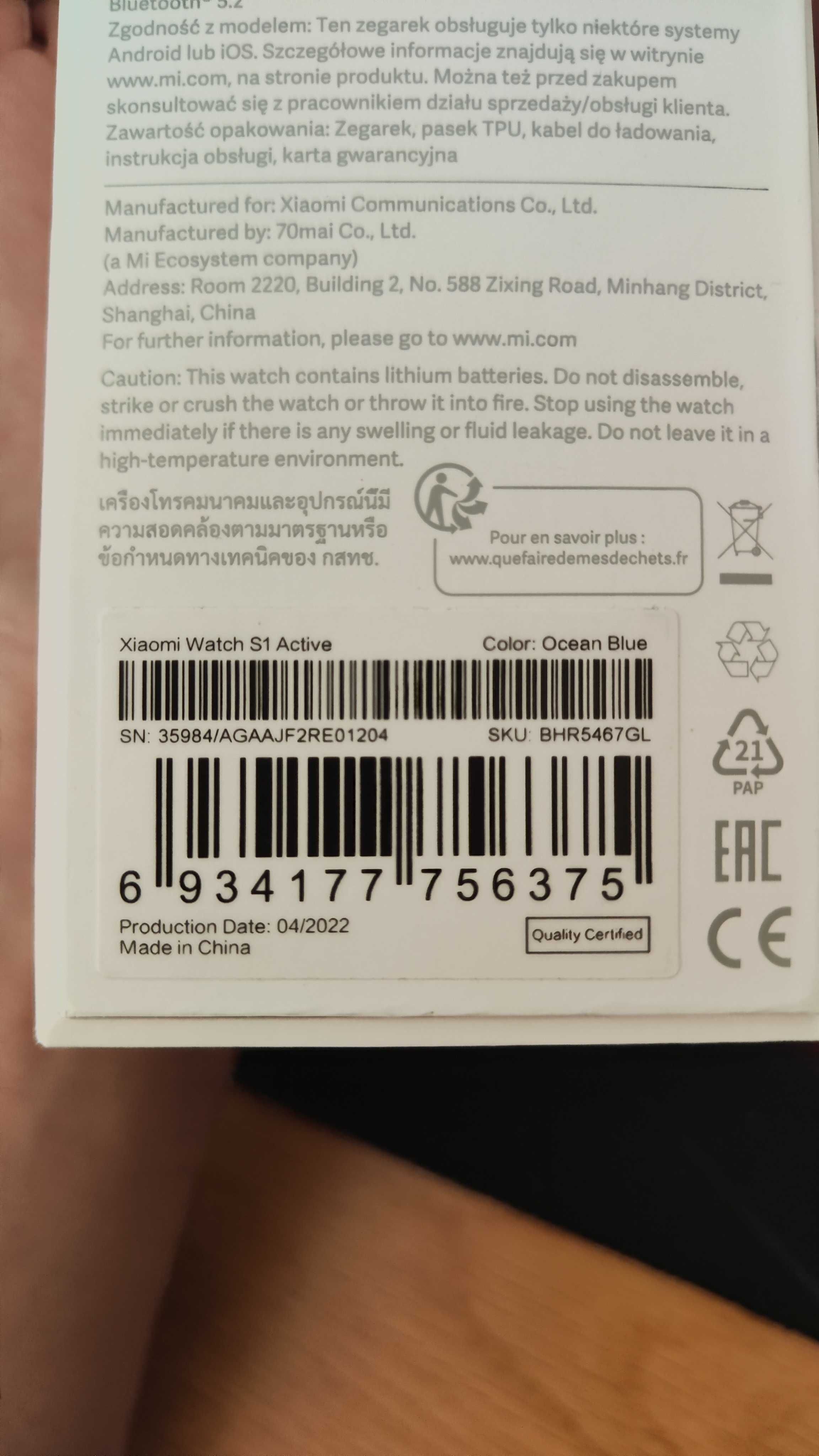 Xiaomi Watch S1 Active /płatności nfc/rozmowy BT/treningi z GPS/