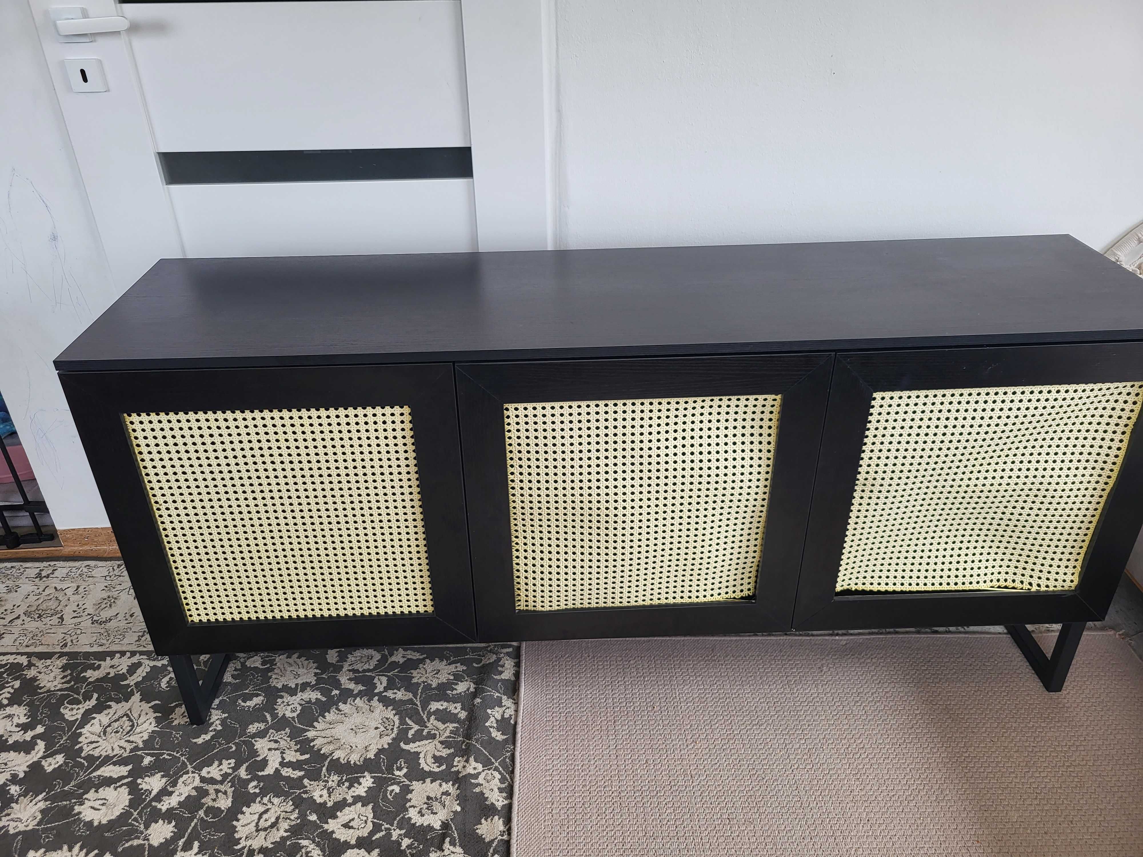 Komoda trzydrzwiowa czarna plecionka wiedeńska rattan 160cm japandi