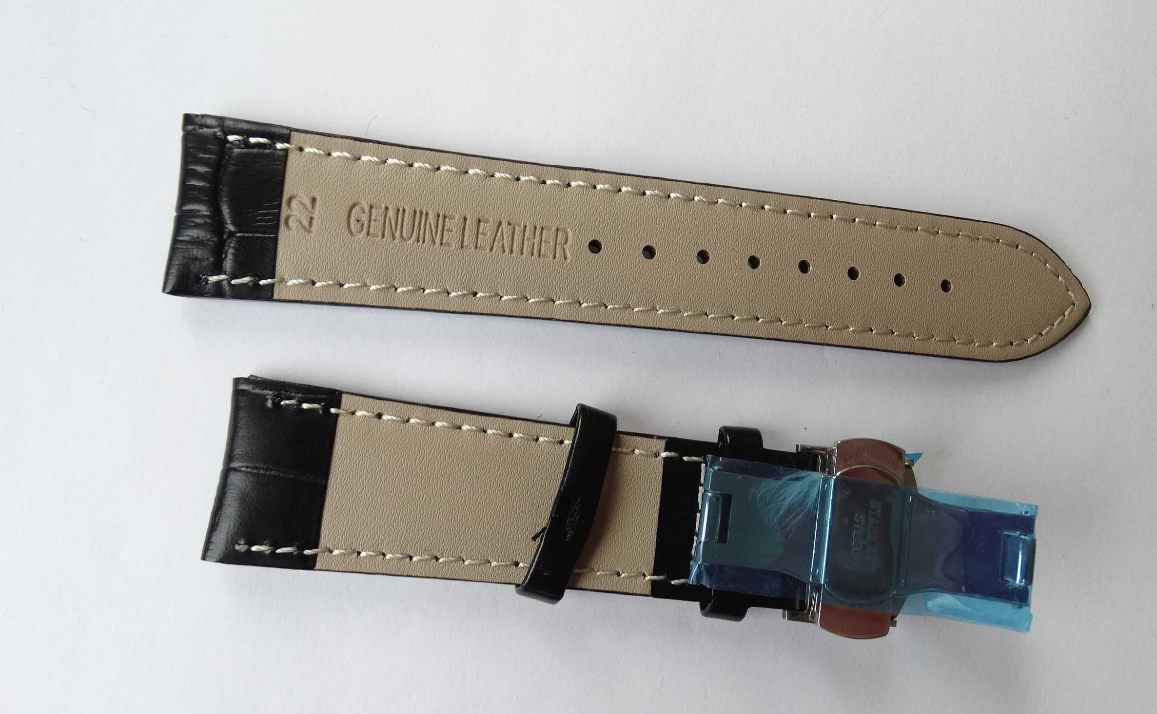 Pasek skórzany do zegarka czarny kroko 20mm 22mm klamra motylkowa
