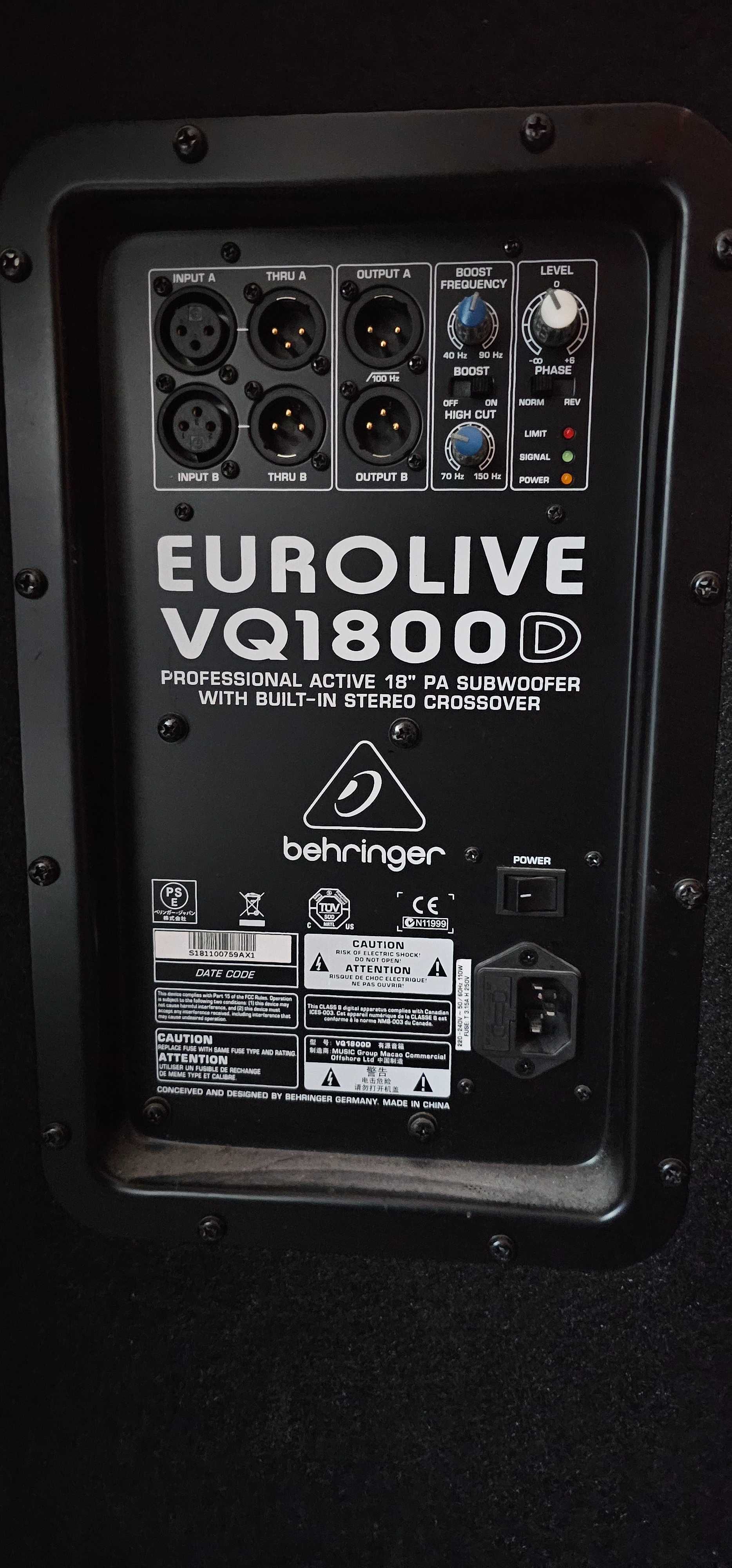 Subwoofer Behringer Vq 1800 D kompletne okablowanie