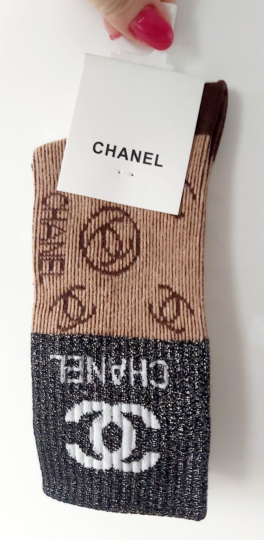 Chanel skarpetki ciepłe Bawełniane brązowe czarne srebrna nitka