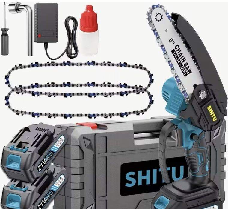 Mini piła łancuchowa 230V + 2 baterie + 2 łańcuchy + akcesoria