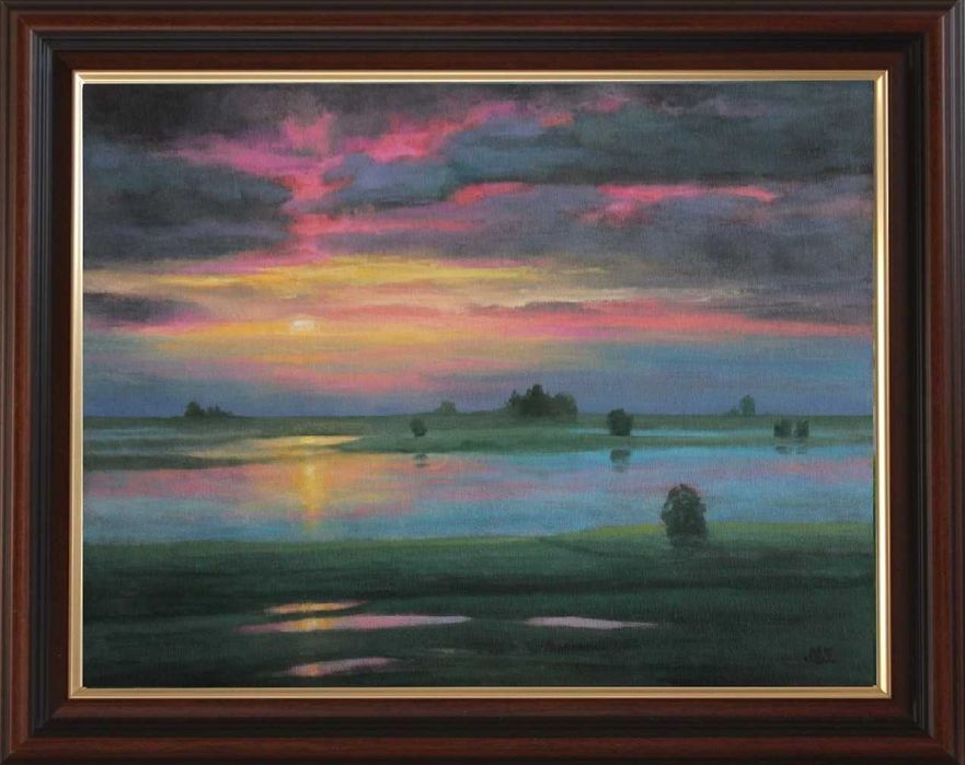 Obraz olejny morze zachód statki pejzaż 40x30 cm