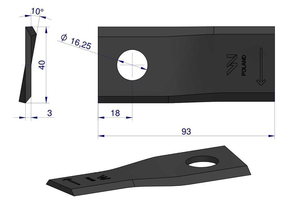 Nożyk kosiarka prawy 93x40x3mm otwór 16.2 Kuhn WARYŃSKI 25szt