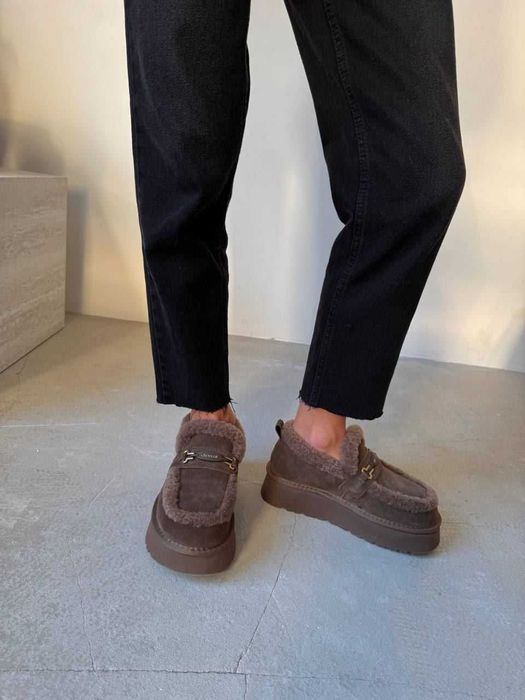 Коричневі лофери угги натур. замша, зимние лоферы коричневые 36-40р