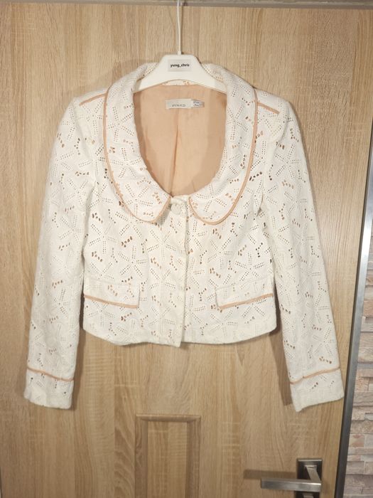 Damski Żakiet Marynarka Pinko Biała Wzór w Kwiatki Bawełna Jedwab