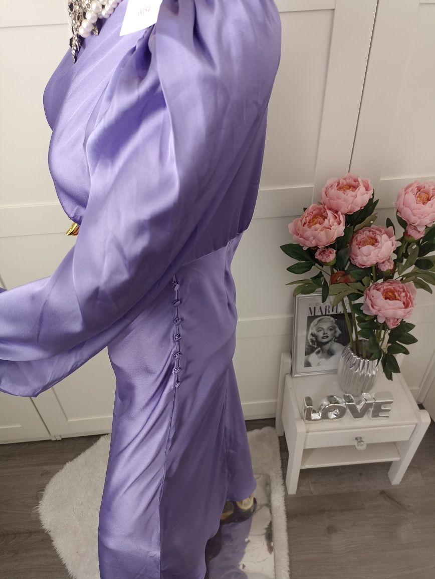 Asos Nowa klasyczna sukienka maxi fioletowa z guziczkami długi rękaw M