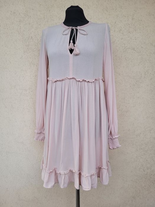 Sukienka zwiewna codzienna boho etno luźna urocza romantyczna pudrowy