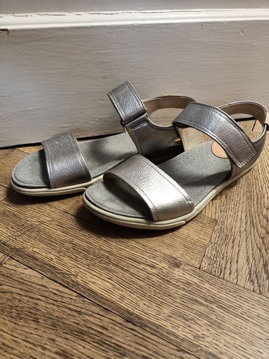 Sandały Ecco damskie 38 25cm srebrne szare na rzepy sandałki nubuk