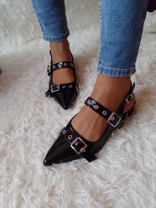 (39/40) Czarne baleriny biznesowe z odkrytą piętą z Londynu, NOWE