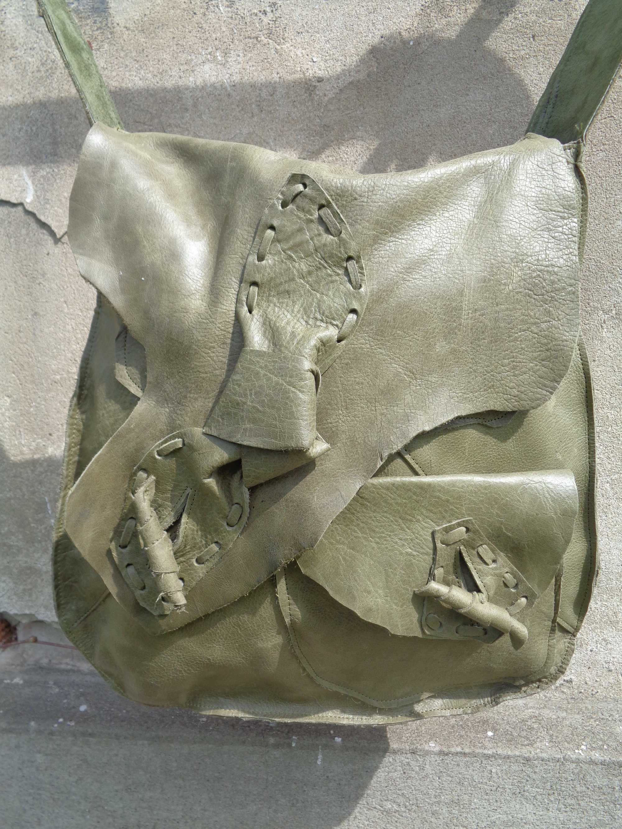 Artystyczna duża skórzana zielona torba. Handmade