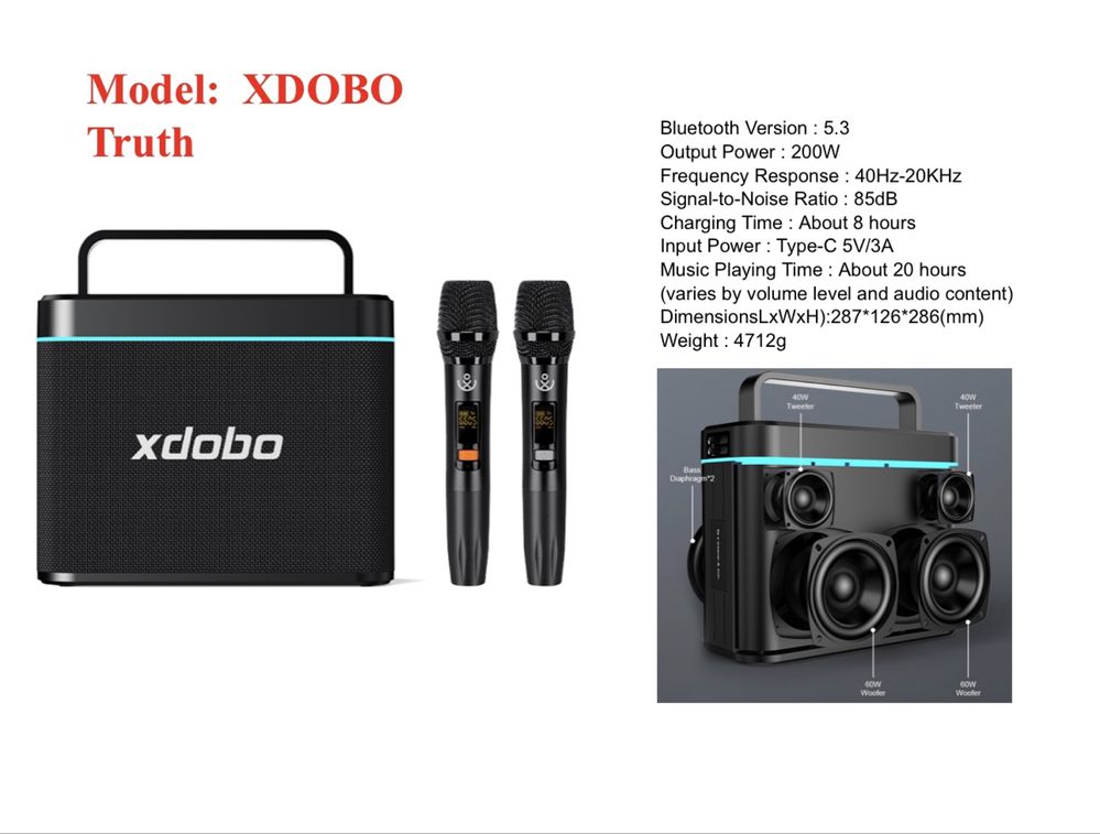Портативна акустика колонка Xdobo Truth 200W BT5.3 +2 мікрофона