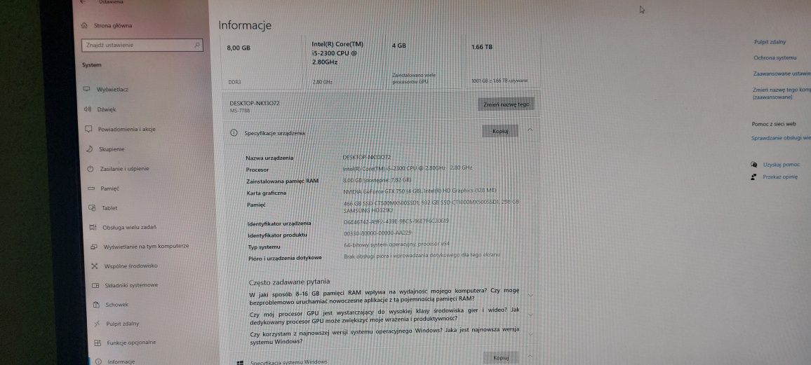 Komputer stacjonarny i5-2300, 2.80GHz, gtx 750 4GB, 8GB RAM, dysk 820G