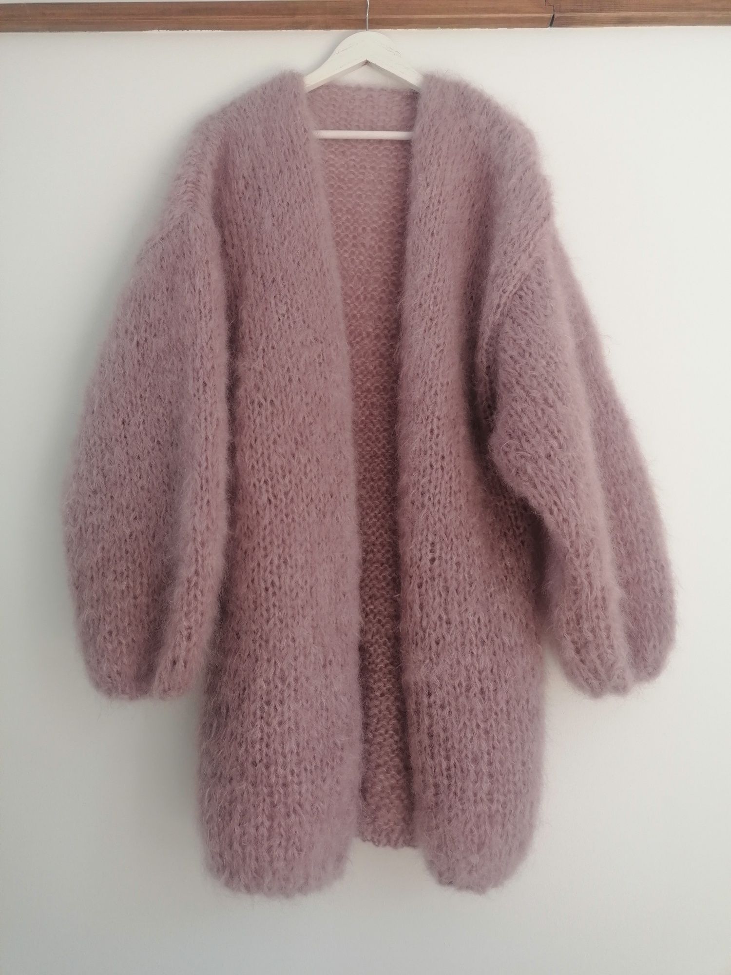 Liliowy gruby ciepły sweter z moheru Nowy onesize M L XL