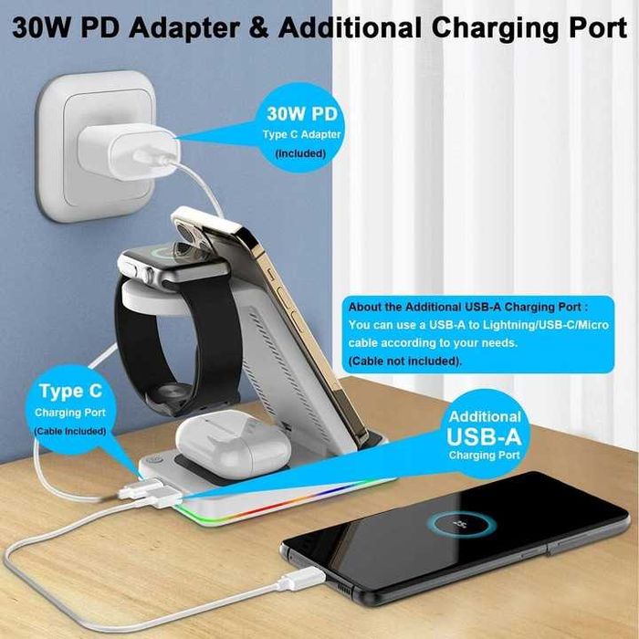 Blsyetec Bezprzewodowa ładowarka 5w1 QI 15W z zegarem i lampką [2427]