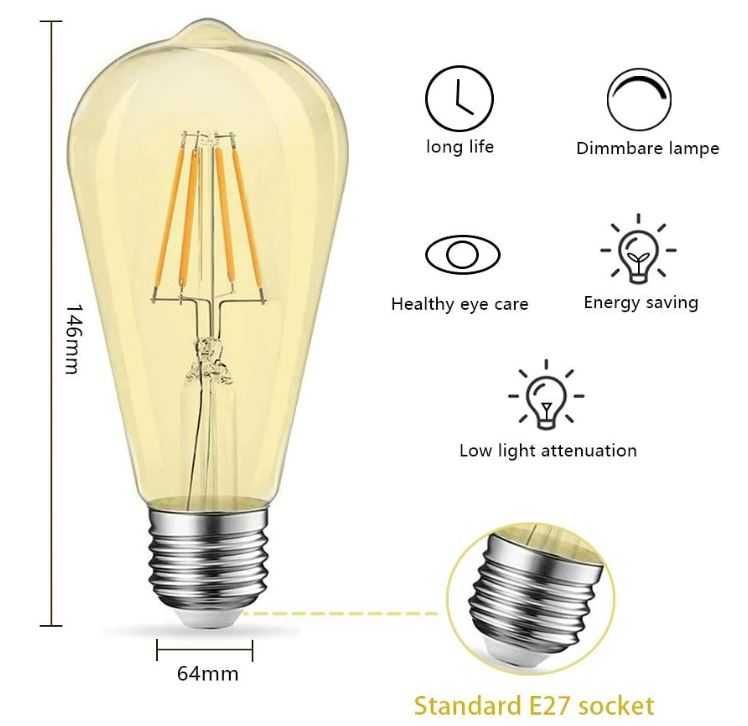 Zestaw (6 sztuk) ozdobnych żarówek Edisona E27 6W 2700K