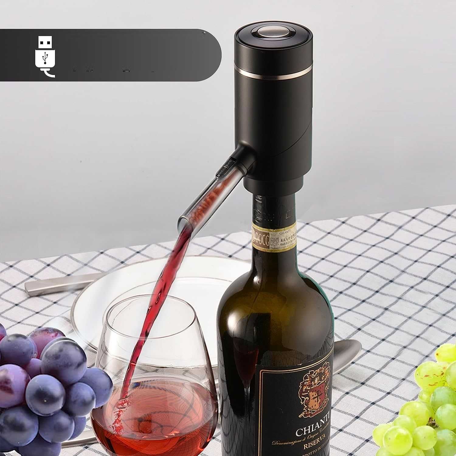 Arejador Elétrico para Vinho com Base de Suporte e USB Recarregável