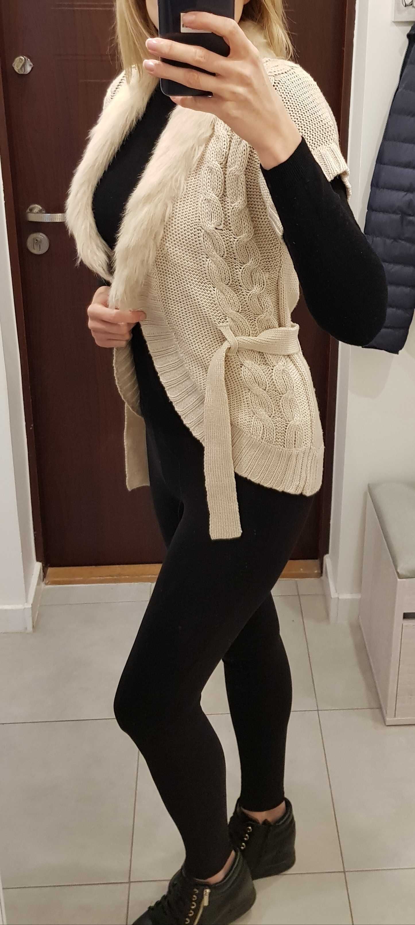 Sweter, kardigan beżowy, sweter z futerkiem, marka F&F, rozmiar S/M