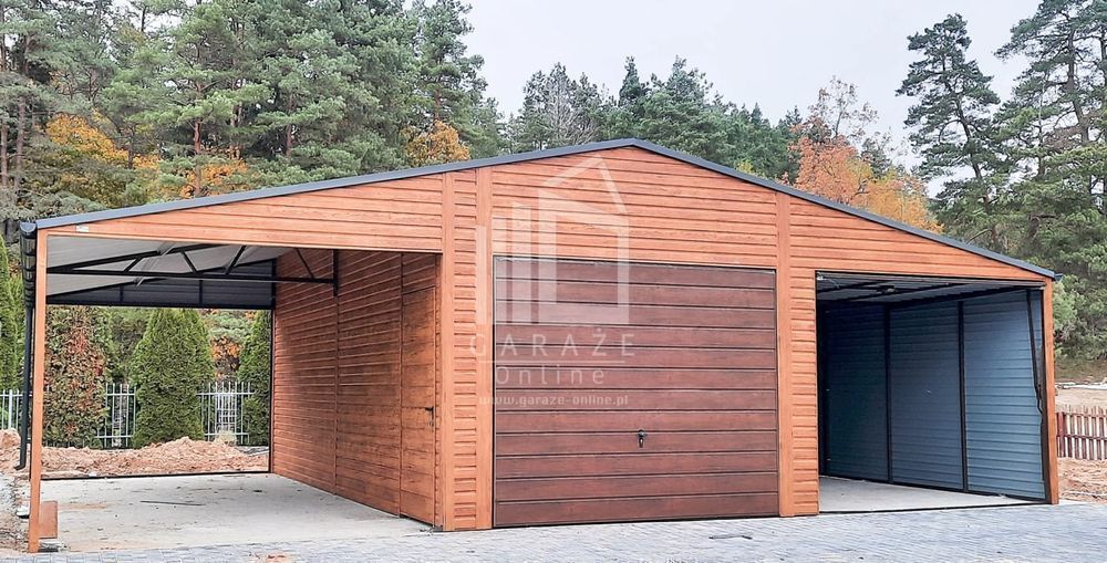 GARAŻ BLASZANY 6,5x6 + 3m. wiata 2x Brama drzwi 2x okno orzech ID136