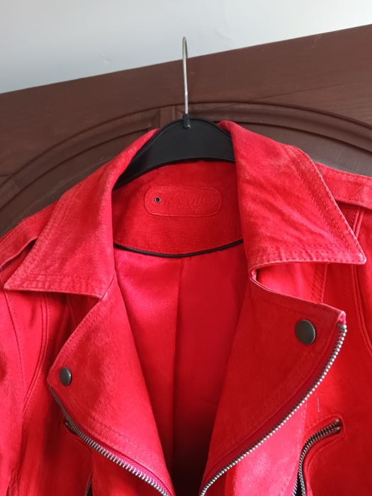 Damska ramoneska czerwona skóra naturalna nubuk zamsz xxl