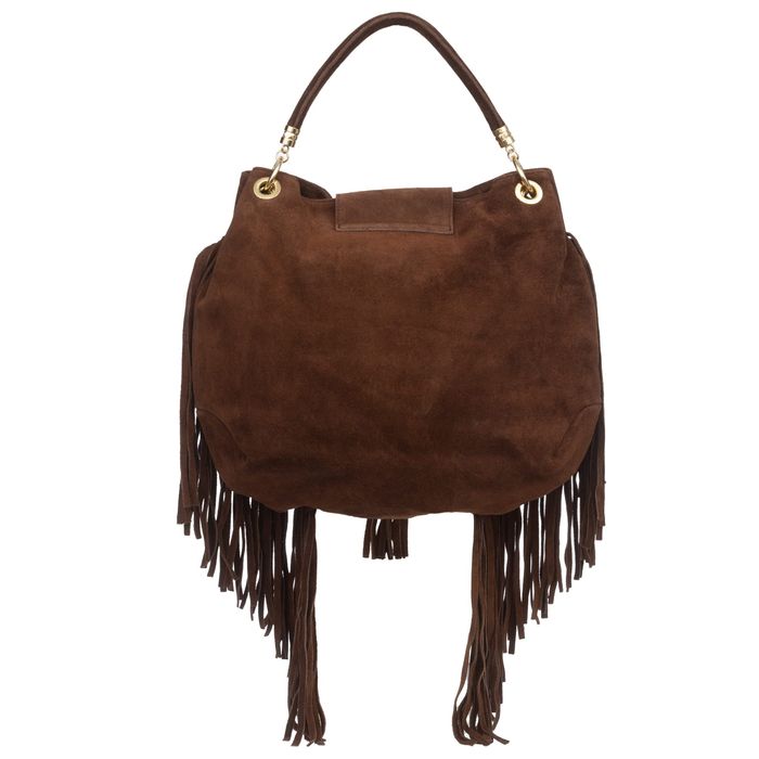 VERA PELLE torebka zamszowa worek z frędzlami i paskiem V571 taupe