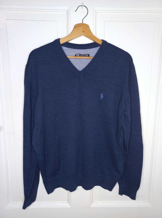 Niebieski elegancki sweter z dekoltem w serek bawełna cotton oversize