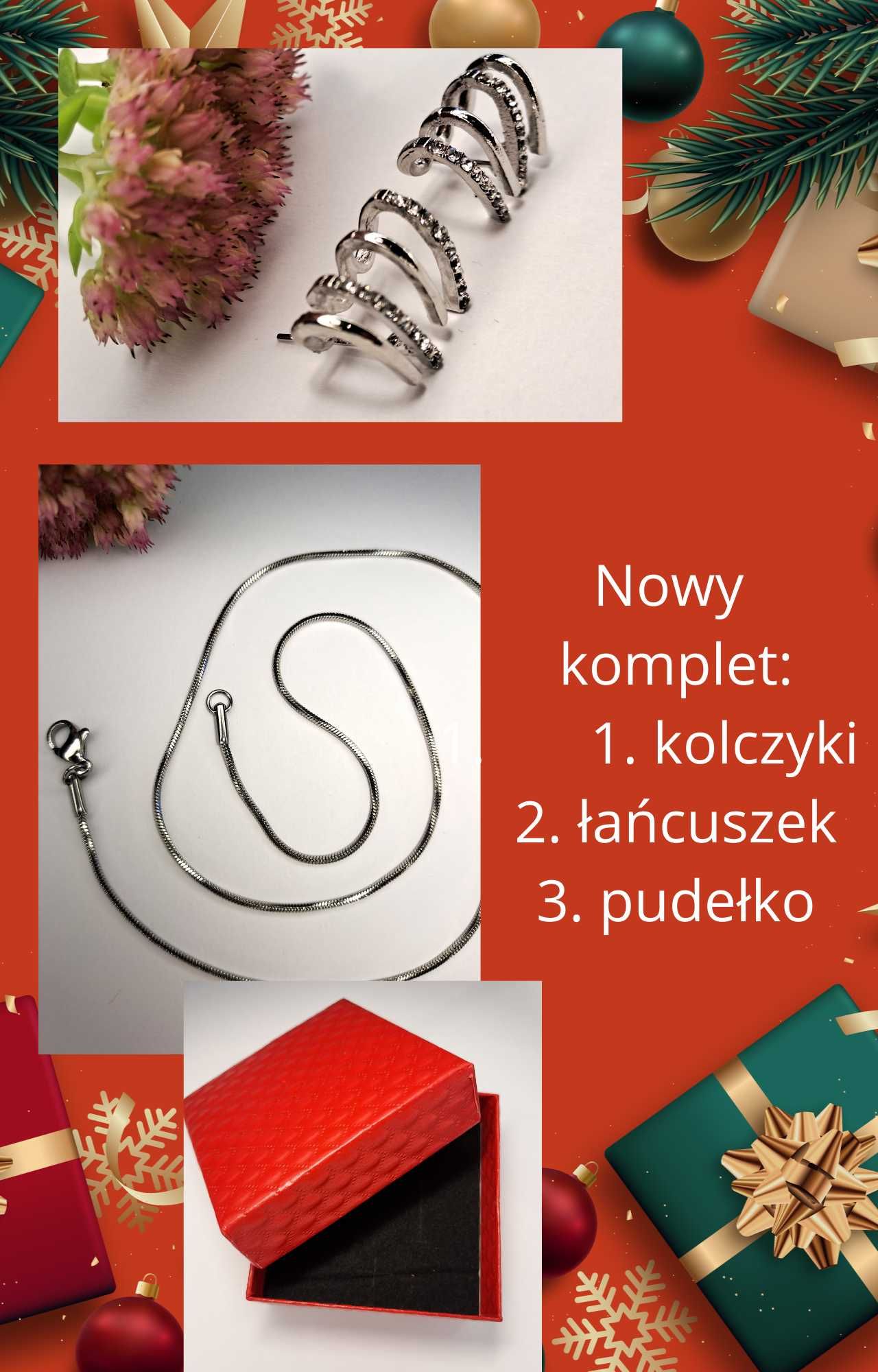 Nowy komplet- kolczyki z cyrkoniami, łancuszek, pudełko