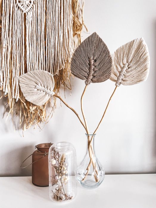 Pióra liście listki na kiju boho makrama handmade do wazonu