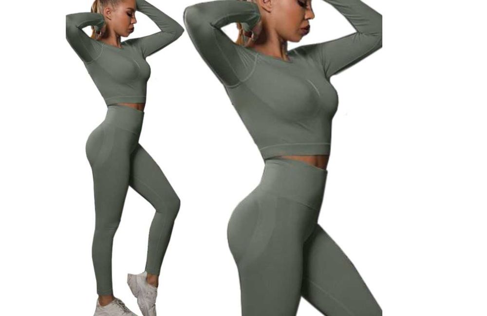 Zestaw sportowy komplet fitness legginsy crop top długi rękaw khaki