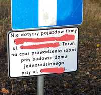 Znak drogowy tablica znaku nie dotyczy pojazdów budowy odbiór Toruń