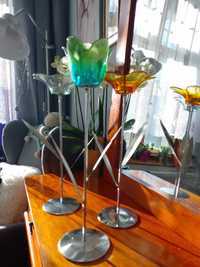 świecznik-kwiat, szkło+metal