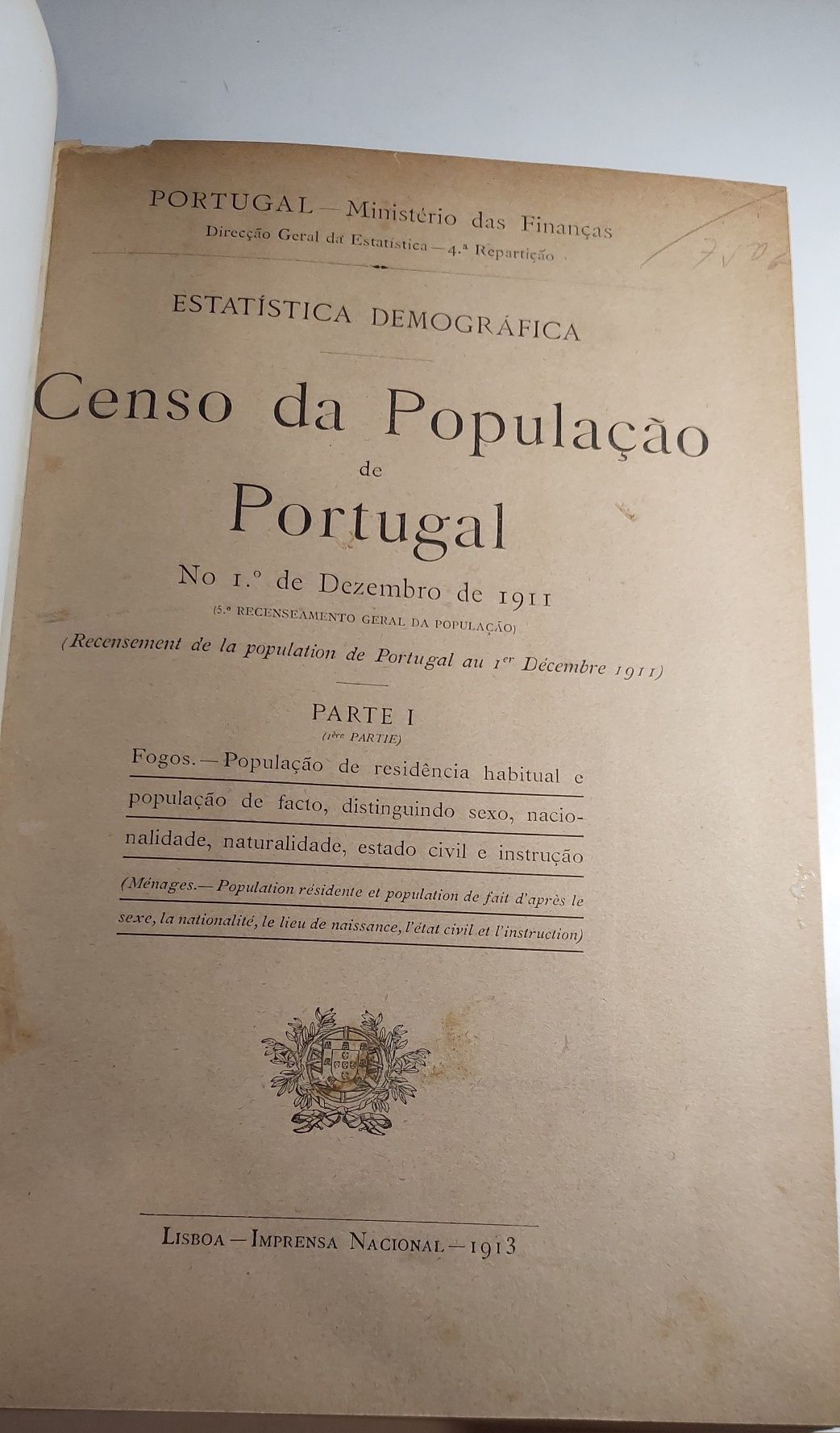 Censo de População de Portugal no 1° de Dezembro de 1911 (Encadernado)