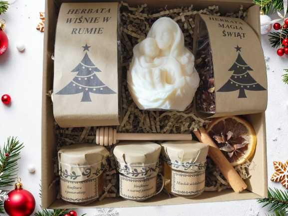 Box prezent,herbaty,miód,czerpak,świeczka Maryja z dzieciątkiem