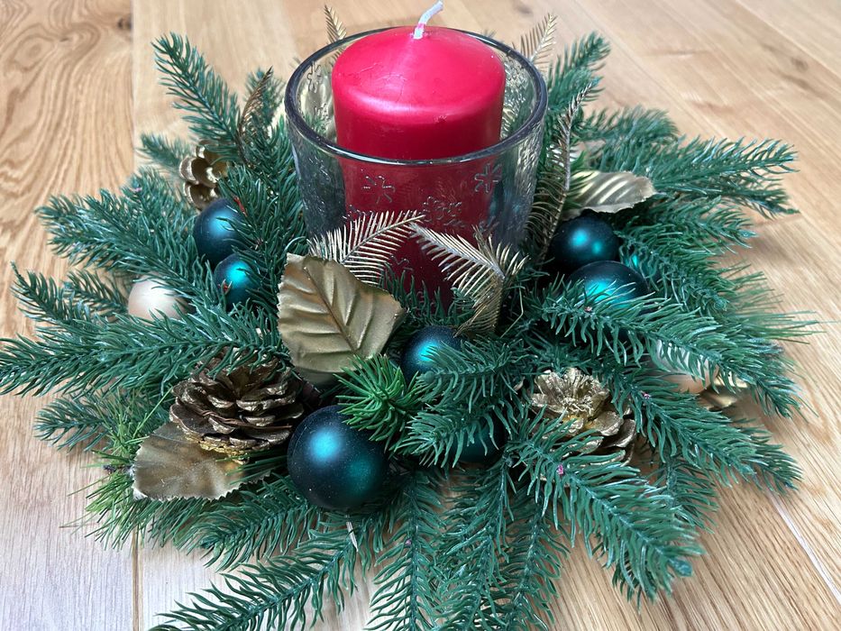 Stroik świąteczny Home and You zielony złoty, szkło, świeczka, ozdoba