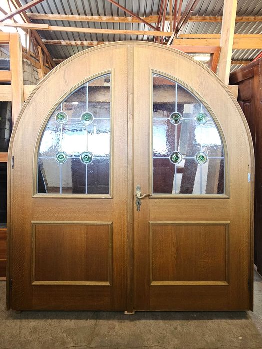 DRZWI Wewnętrzne Łukowe Dębowe Drewniane Dwuskrzydłowe 199x222 Witraż