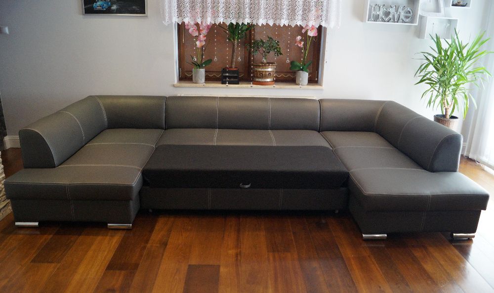 Skóra naturalna, duży narożnik U 185x352x200 skórzany, sofa, funkcja