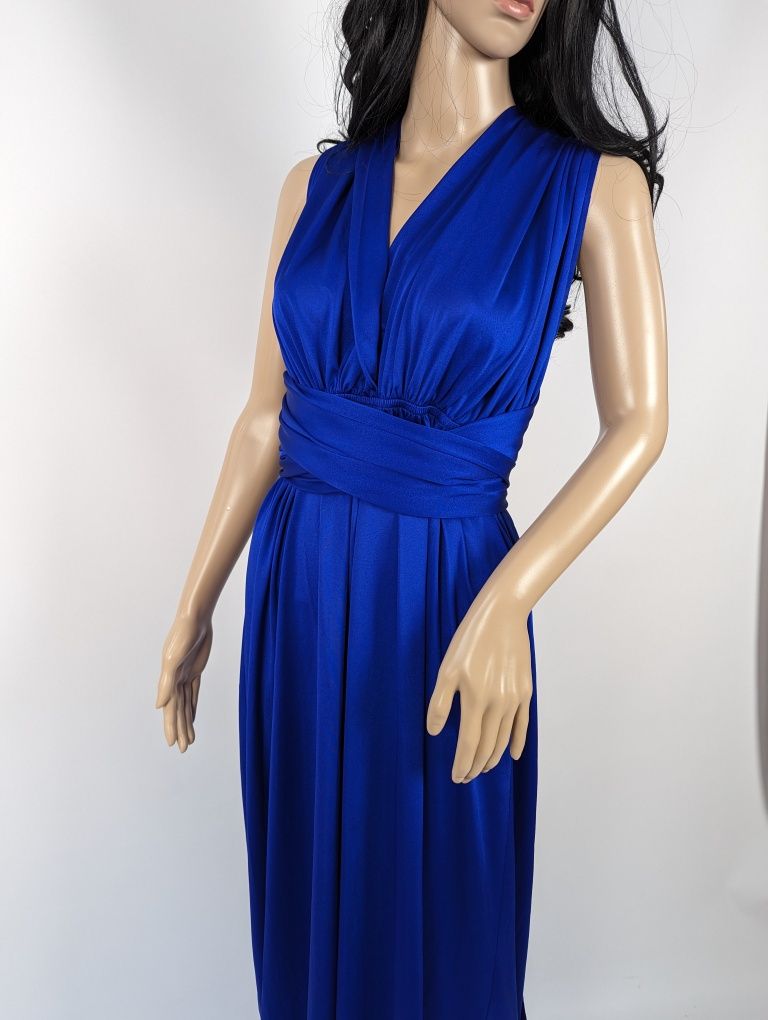 Piękna chabrowa kobaltowa niebieska sukienka maxi odkryte plecy szarfy