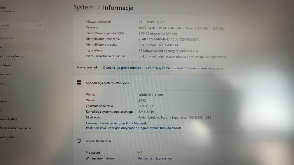 Lapto HP 15s-eq0035nw 15,6" 8GB RAM 256GB Dysk SSD