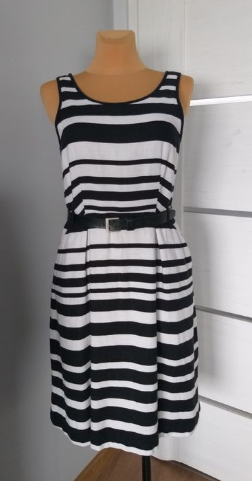 Lniana sukienka w paski  biało-czarne F&F marynarski print 40 42 L