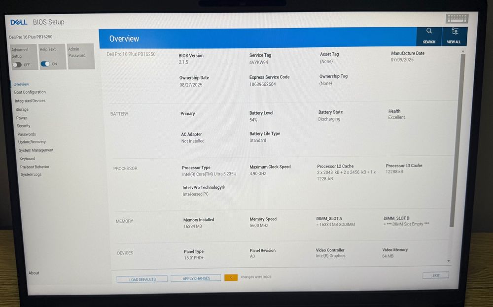 Ноутбук Dell Pro 16 Plus PB16250 Ultra 5 235 /16 Ram/ 256/FHD+