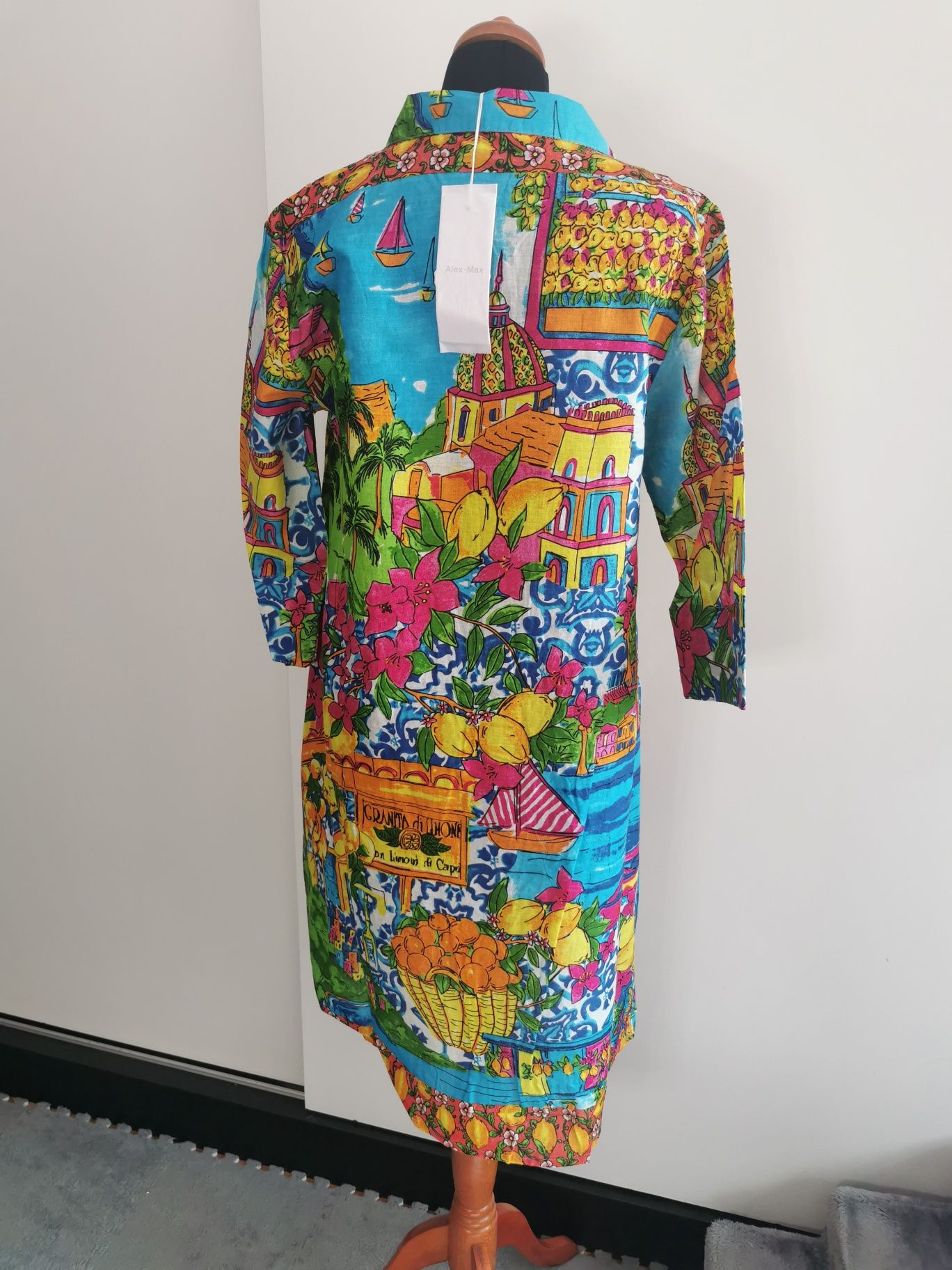 Śliczna kolorowa sukienka koszulowa handmade M/L bawełna