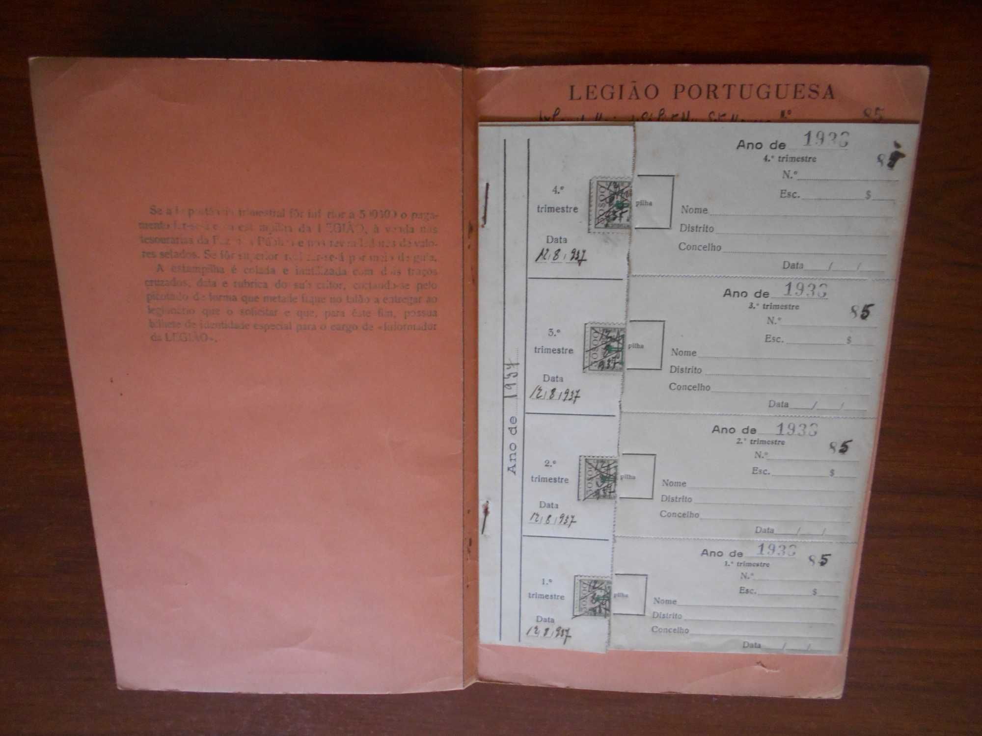 Caderneta de Subscritor da Legião Portuguesa com as estampilhas. 1937