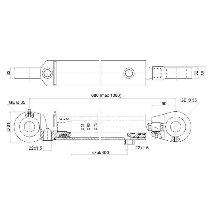 Cylinder hydrauliczny  2-stronnego działania skok 400